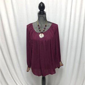 Alfani Blouse Womens Size 10 Burgundy Bedazzled Cuffs Top Party Festive Office
